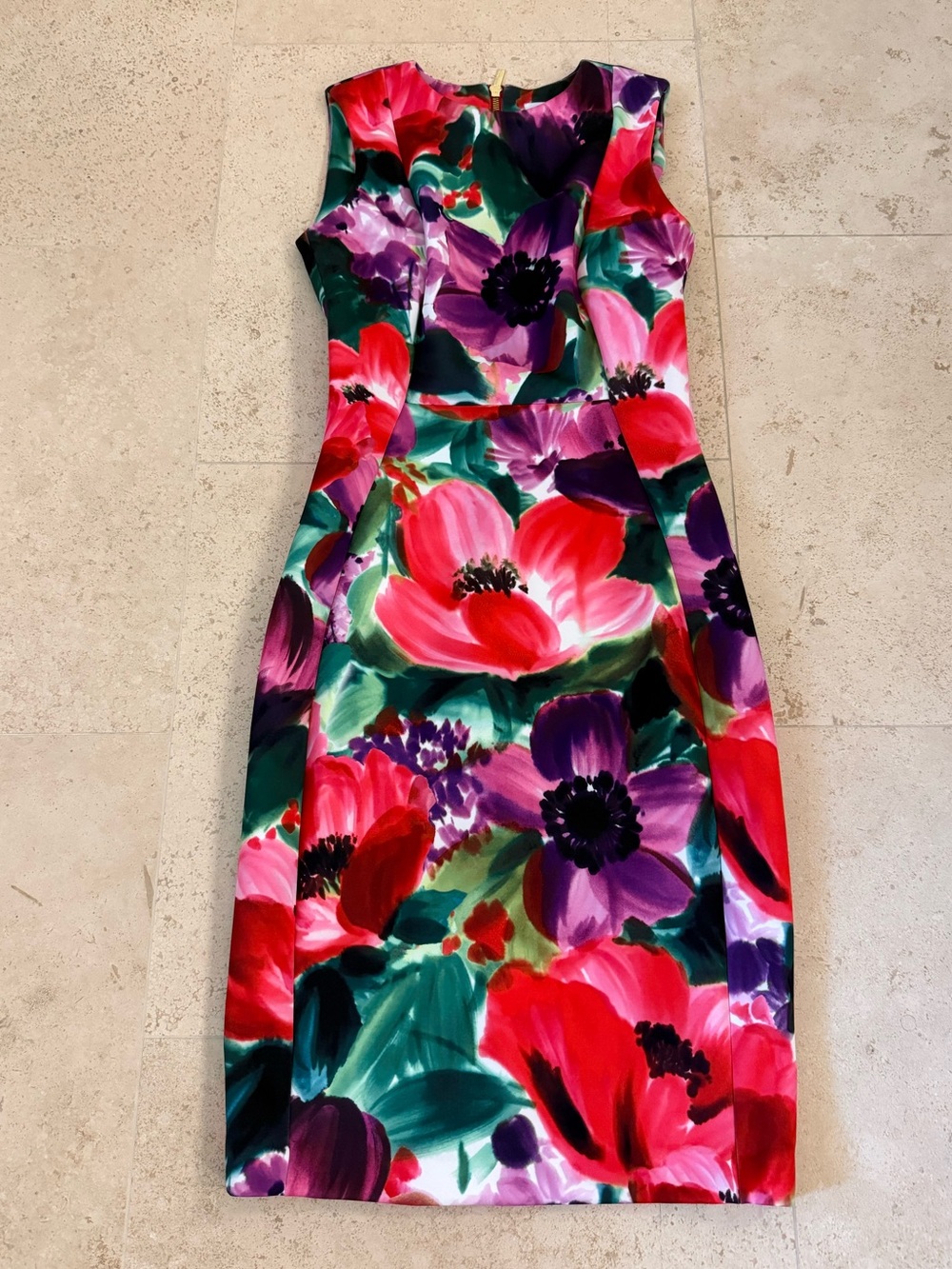 Calvin Klein Sleeveless Floral Sheath Dress in Red, Purple & Green